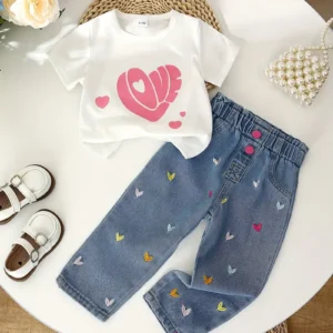 Conjunto pantalón jeans más polo de corazones